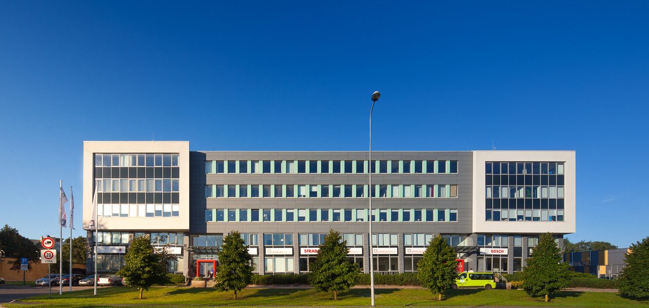 Upmalas Biroji sustainable office building facade in Riga.