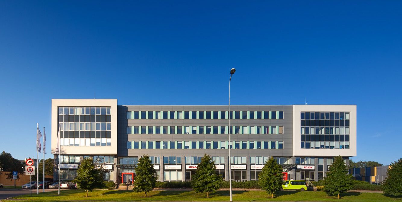 Upmalas Biroji sustainable office building facade in Riga.